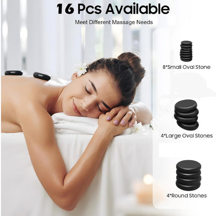 Woman receiving a massage with stones, product details on the side.