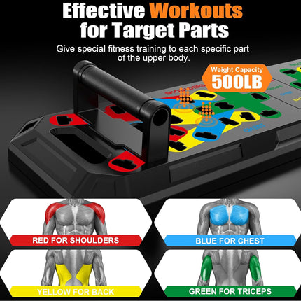 Fitness training device with color-coded sections for different muscle groups and weight capacity display.