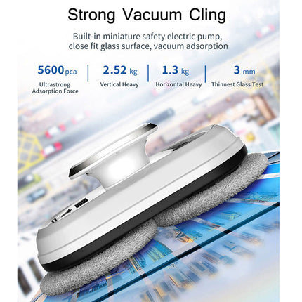Vacuum cling device on a glass surface with technical specifications displayed.