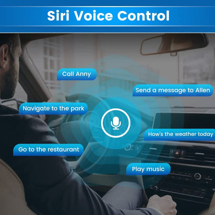 Car interior with Siri voice control interface on a blue background
