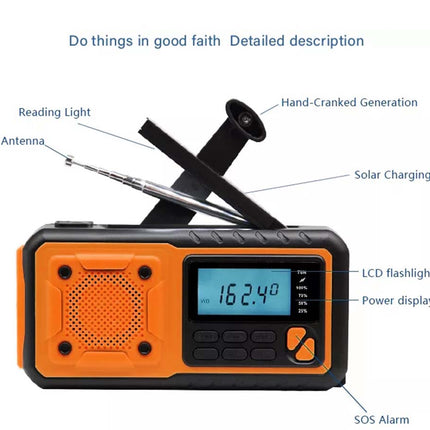 An orange and black portable radio shown on a white background with callout labels pointing to features such as the antenna, reading light, hand-cranked generation, solar charging, LCD flashlight, power display, and SOS alarm.