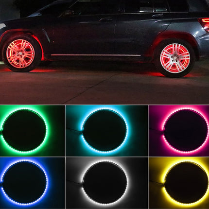 Car with colorful LED wheel lights and color options displayed below.