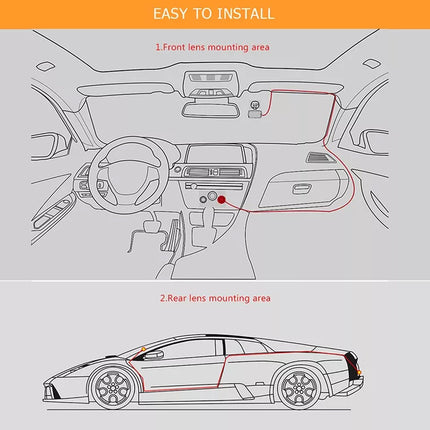 Installation guide diagram showing front and rear lens mounting areas on a car interior and side profile, with orange headers reading 'EASY TO INSTALL' and red outlined mounting regions.