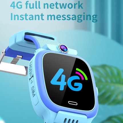 A light blue kids' smartwatch with a black screen displaying '4G' and colorful signal icons, shown with promotional text reading '4G full network Instant messaging' on a light blue background with a blurred leaf.