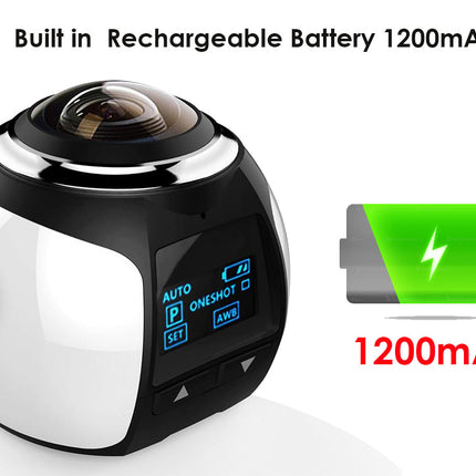 Black and white camera with rechargeable battery indicator on a white background