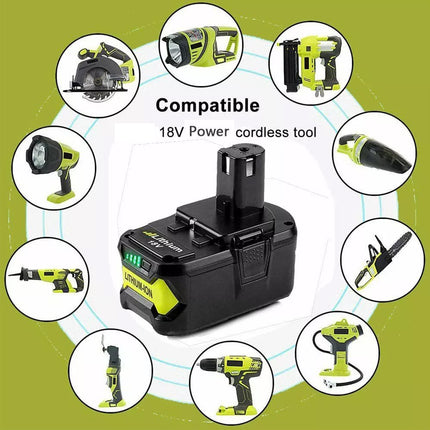 A black cordless power tool battery pack centered on a green graphic background, surrounded by circular images of compatible cordless tools including a circular saw, nail gun, drill, and others. Text reads 'Compatible 18V Power cordless tool'.