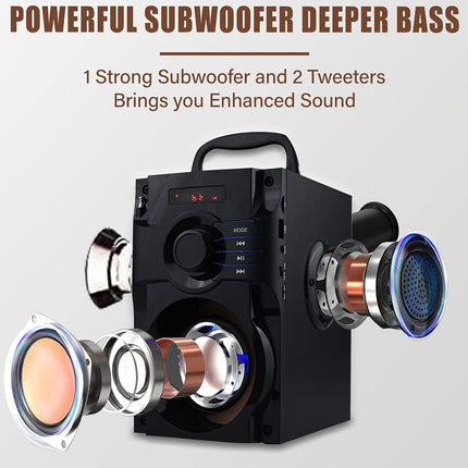 Black audio speaker with subwoofer and tweeters on a gray background