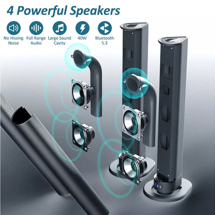 Two black speakers with features highlighted on a gray background