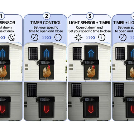 Step-by-step illustration of a chicken coop door automation system with light sensor and timer control.