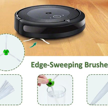 Robotic vacuum cleaner on a wooden floor with edge-sweeping brushes highlighted.