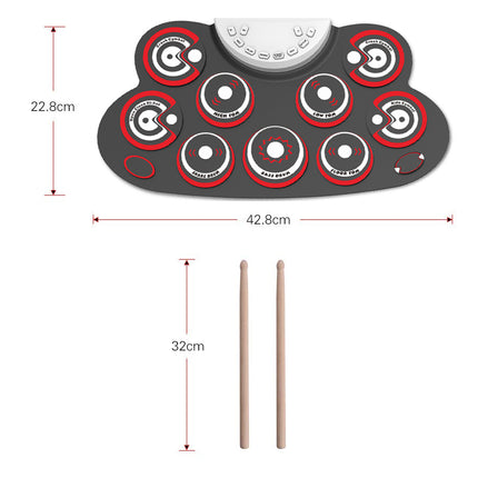 Electronic drum pad with measurement details on a white background