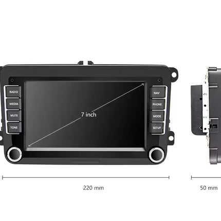 7-inch car multimedia screen with dimensions and control buttons on a white background