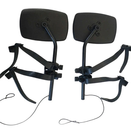 A pair of black motorcycle or bicycle rearview mirrors with mounting brackets and chin strap cables, shown against a plain white background.