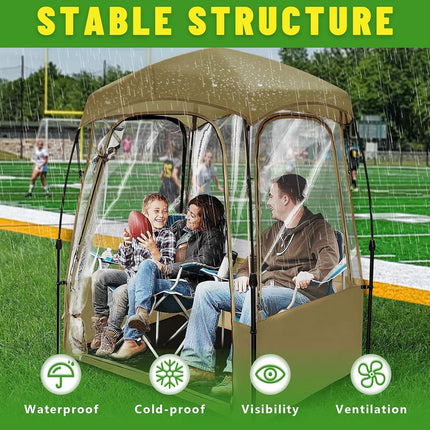 Portable shelter with people on a sports field, emphasizing stable structure features.