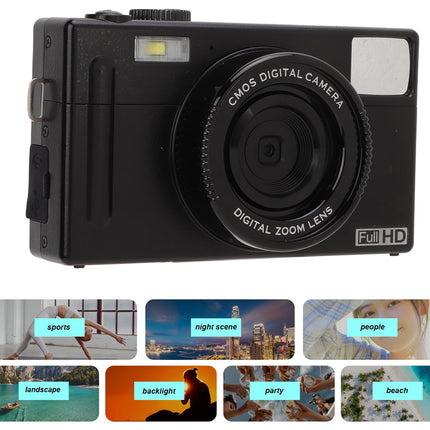 Black digital camera with CMOS and HD indicators, surrounded by lifestyle images on a white background.