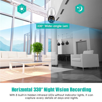 A promotional graphic for a security camera showing a modern living room interior with text overlays highlighting '330° Wide-angle Lens' and 'Horizontal 330° Night Vision Recording.' The camera is shown hanging in the ceiling, with feature icons and descriptive copy on a white background.