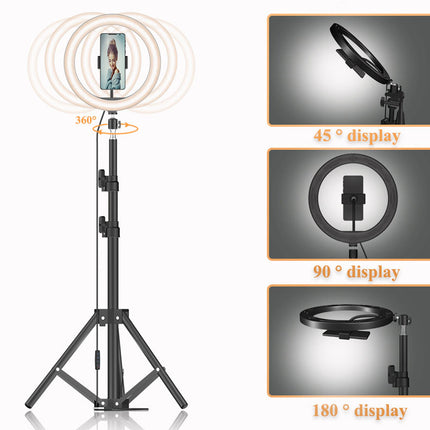 Ring light with stand and adjustable angles on a white background