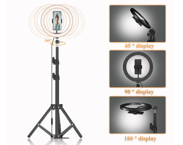 Ring light with stand and adjustable angles on a white background
