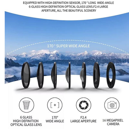 Camera lens system with mountain landscape background
