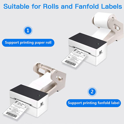 Two label printers with text indicating compatibility for rolls and fanfold labels.