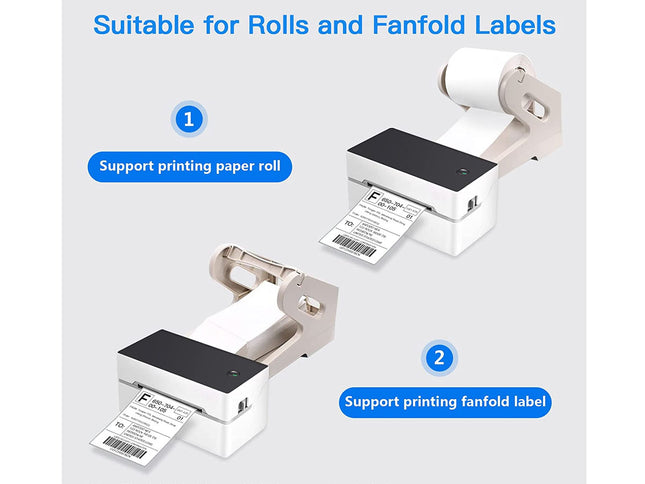 Two label printers with text indicating compatibility for rolls and fanfold labels.