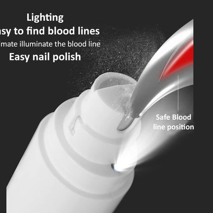 Nail polish bottle with a brush applying polish to a nail, text on lighting and blood line visibility.