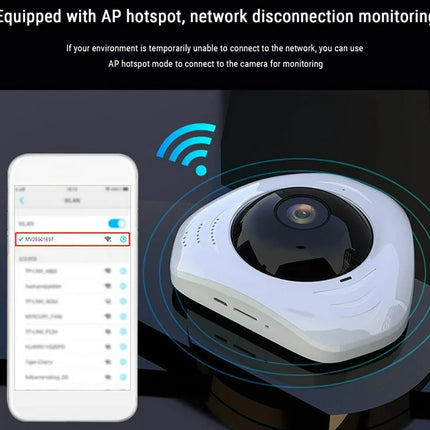 A white and black spherical security camera shown with a smartphone app screen, blue wireless signal graphics, and text explaining AP hotspot and network disconnection monitoring.