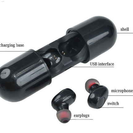 Black wireless earbuds with charging base labeled on a white background
