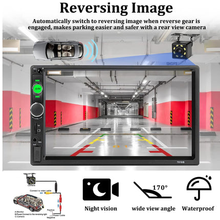 Car monitor with reversing camera system in a garage setting, featuring text about automatic reversing image and camera features.