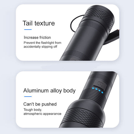 Black flashlight with text on tail texture and aluminum alloy body on a light gray background