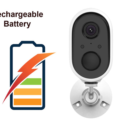 Camera with rechargeable battery indicator on a white background