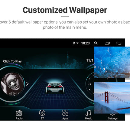 Car infotainment system interface with customizable wallpaper options.
