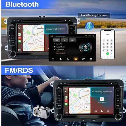 Car stereo system with Bluetooth and FM/RDS functionality, displayed in a car interior.
