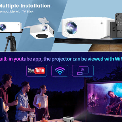 Projector with TV stick compatibility and built-in YouTube app feature.