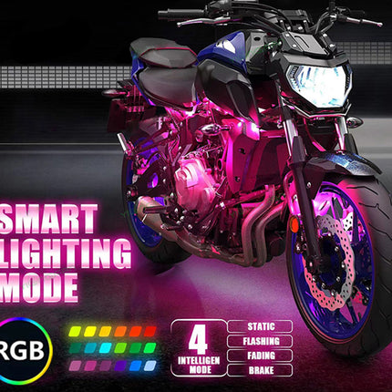 A black and blue sport motorcycle shown in a dark studio setting with glowing pink and purple LED underglow and wheel lights. Large text reads 'SMART LIGHTING MODE,' with an RGB circle icon, a color palette, and feature callouts including '4 INTELLIGEN MODE' and 'STATIC FLASHING FADING BRAKE.