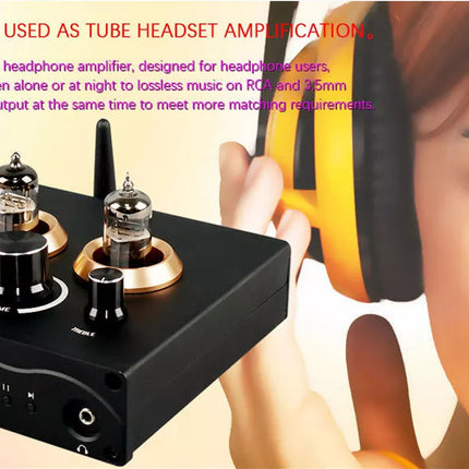 Headphone amplifier with text about tube headset amplification, shown with a person wearing headphones.
