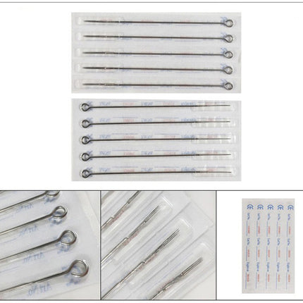 Six-pack of stainless steel needle bar accessories, including close-up views of the metal tips and a sheet of adhesive pads, shown on a white background.