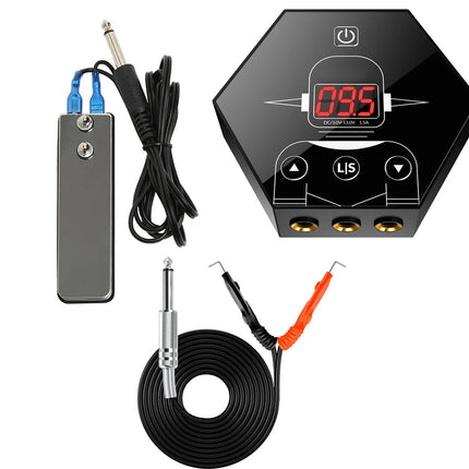 Guitar effects pedal with cables on a white background