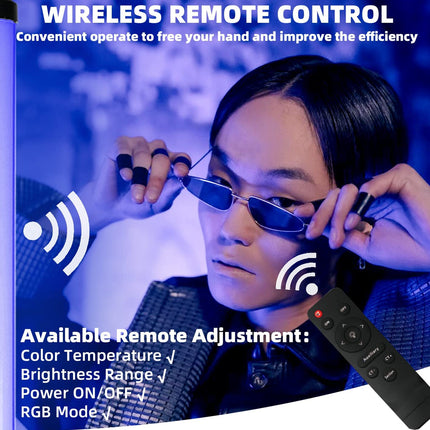 A wireless remote control product shown on a blue promotional graphic with a person wearing tinted sunglasses in the background and a black remote control overlaid in the lower right corner. Text highlights remote control features such as convenient operation, wireless control, color temperature adjustment, brightness range, power on/off, and RGB mode.