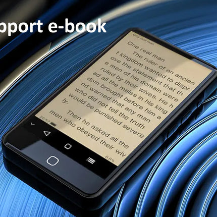 E-reader device displaying text with a blue abstract background and 'Support e-book' text.