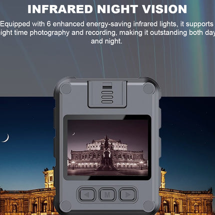 Infrared night vision device displaying a building at night with text about energy-saving infrared lights.
