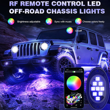 RF remote control off-road chassis LED lights shown mounted under a blue Jeep on rocky terrain at night, with feature callouts and a smartphone app screen plus a round light control panel in the foreground.
