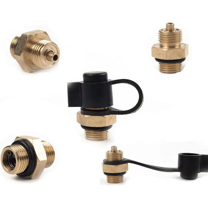 Five brass and black plastic pressure regulator or filter components arranged on a plain white background.