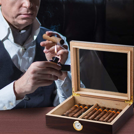 Walnut Wood Cigar Humidor Box for 35 Cigars | Hygrometer Humidifier Glass Top Storage Case