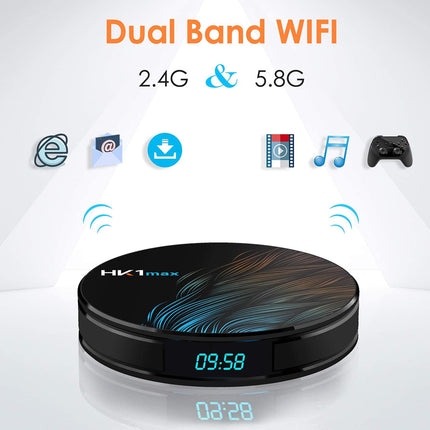 A black circular dual-band WiFi receiver device with a blue digital display showing '09:58' and 'HK1max' branding, set against a light gray background with icons representing web, email, download, video, music, and gaming support, and text reading 'Dual Band WIFI 2.4G & 5.