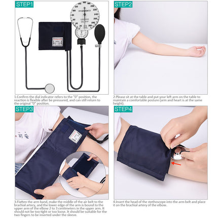 Instructions on how to use a blood pressure monitor with images of the device and a person using it.