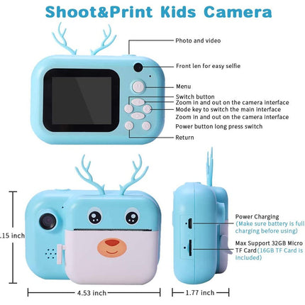 Children's camera with blue deer design and features labeled on a white background