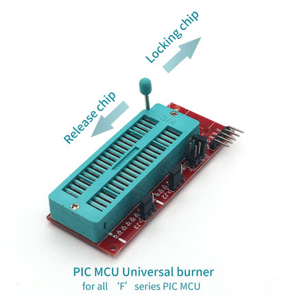 A PIC MCU universal burn-in test adapter board with a teal dual-row socket carrier and a red PCB, shown on a white background with arrows and text indicating release chip, locking chip, and PIC MCU universal burner.