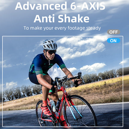 Biker on a road with 'Advanced 6-AXIS Anti Shake' feature overlay