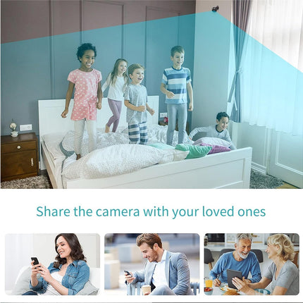 Children standing by a bed with a camera on it, and people using the camera on their phones.